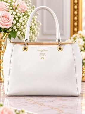 Samantha Thavasa Deluxe White Leather Tote Shoulder Bag Gold Hardware Purse